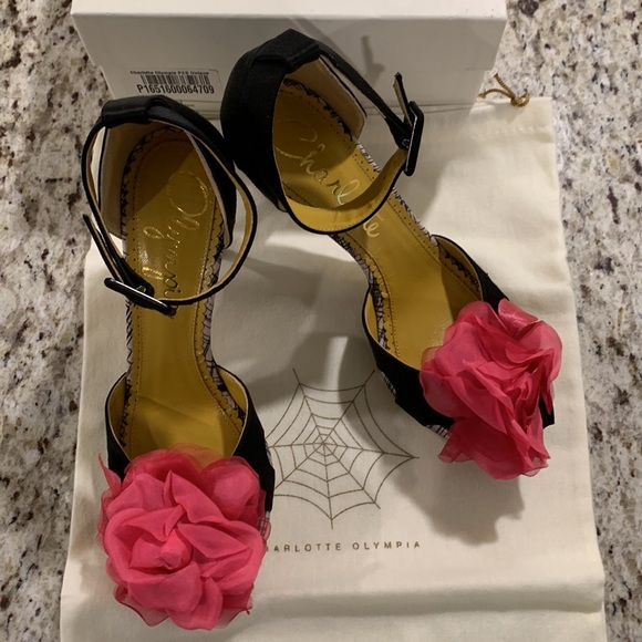 Charlotte Olympia ‘Faye’ Black Silk Satin Peep Toe Heels SZ 38 - Picture 5 of 13